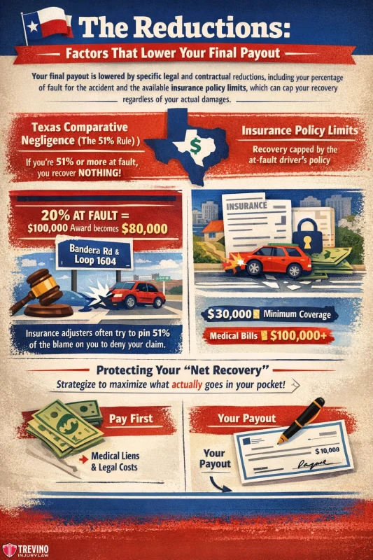 Infographic explains factors reducing injury claim payouts in Texas: comparative negligence, insurance policy limits, partial fault reductions, minimum coverage laws, legal fees, and medical costs. Illustrations support each point with icons, maps, and payout calculations.