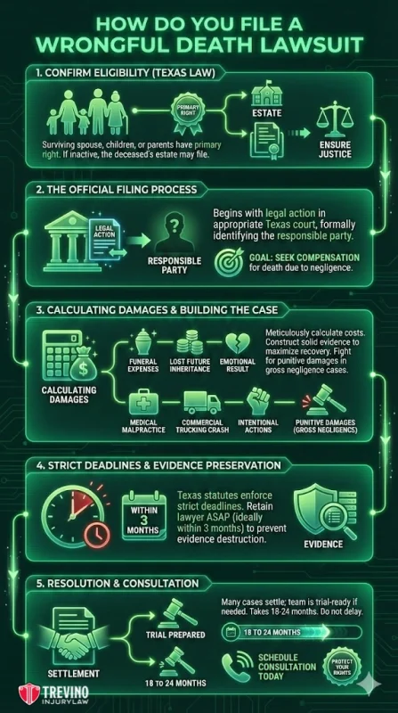 File-wrongful-death-lawsuit. Infographic titled “How Do You File a Wrongful Death Lawsuit” shows five steps: confirming eligibility, filing process, calculating damages, deadlines/evidence, and resolution. Includes icons, brief descriptions, timeframes, and green-toned visuals for legal steps and compensation.