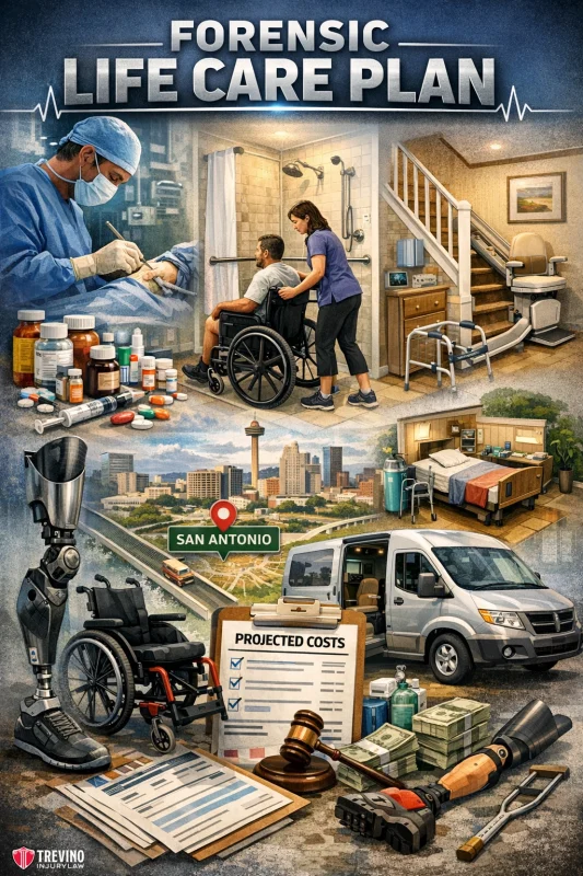 Forensic-life-care-plan. A collage for a forensic life care plan shows a surgeon, caregiver with a wheelchair, medical room, pills, prosthetic leg, cityscape labeled u0022San Antonio,u0022 mobility van, money, legal documents, judge’s gavel, and a projected costs chart, all on a blue background.
