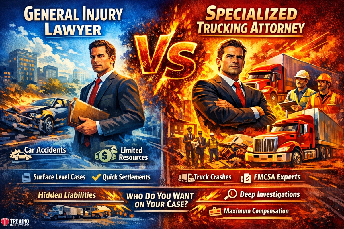 General-injury-lawyer-vs-specialized-trucking-attorney. Split image compares a general injury lawyer (left, holding files, city backdrop) with a specialized trucking attorney (right, arms crossed, trucks, investigators). Lists show their case types and advantages, with bold “VS” between them and the question: “Who do you want on your case?”.