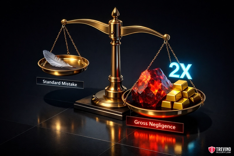 Gross Negligence vs. Standard Negligence The Multiplier Driver. A golden balance scale compares a light feather labeled "Standard Mistake" against heavy gold bars and a red rock labeled "Gross Negligence 2X." The gross negligence side weighs much more. Trevino Injury Law logo is in the lower right corner.