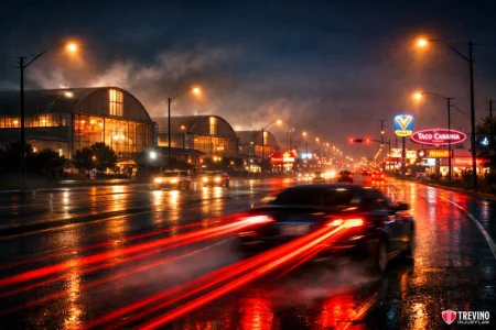 Hotspot number 1 SE Military DR I-35. A rainy city street at night with blurred car taillights streaming red across wet pavement. Streetlights and neon signs, including Taco Cabana, glow against dark clouds. Large industrial buildings line the left, and reflections shimmer on the glistening road.