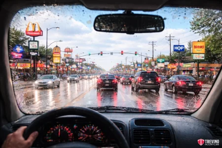 Hotspot number 2 Bandera Rd-Hillcrest. View from inside a car looking through a rain-speckled windshield at a busy street lined with cars, colorful neon signs, and storefronts like McDonald's and IHOP. The sky is overcast, and the traffic light ahead is red. The driver’s hands grip the steering wheel.