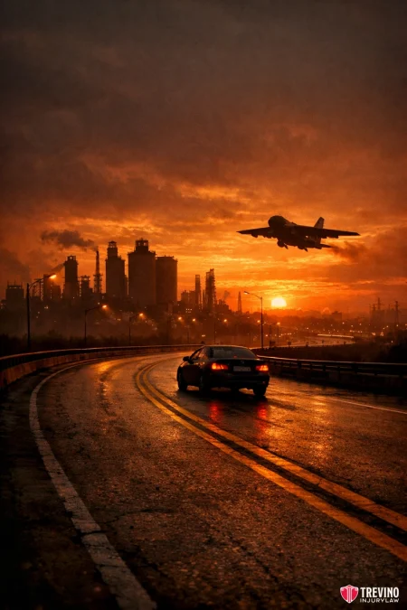 Hotspot number 3 SE Military Dr quintana road to zarzamora st. A car drives on a wet, winding road at dusk. An airplane is taking off above an industrial factory silhouetted by an orange sunset, with thick clouds and steam rising in the background. The scene appears dramatic and atmospheric.