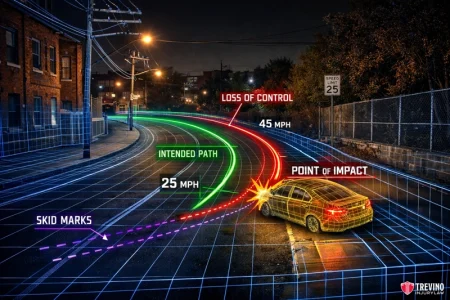 Hotspot number 4 White Rd-Houston St to-Rigsby ave. A computer-generated scene shows a car crash at night on a city street. Colored lines illustrate the intended path (green), loss of control (red), skid marks (purple), and the point of impact where a yellow car hits a pole. Speed limits and streetlights are visible.