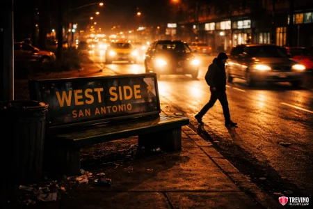 Hotspot number 5 Culebra Rd Bandera Rd-to I-10. A person crosses a wet, brightly lit street at night near a bench with a sign reading "WEST SIDE SAN ANTONIO." Cars with headlights on drive by, and storefronts glow in the background. The scene feels urban and moody.