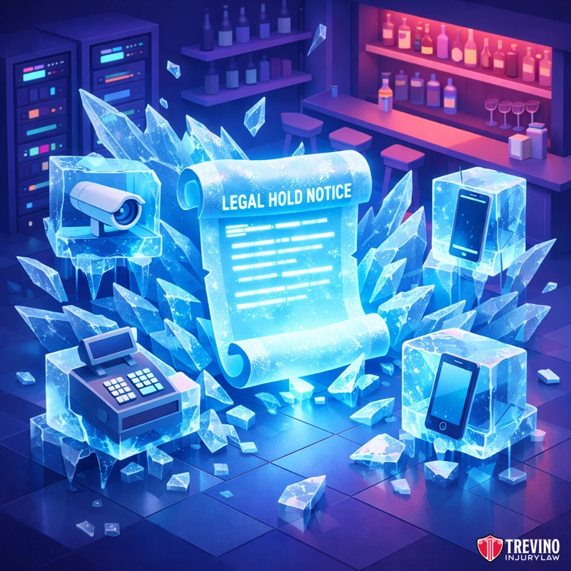How Do Spoliation Letters Preserve Evidence of Encouragement? A glowing legal notice scroll encased in ice is surrounded by frozen objects: a security camera, a cash register, a smartphone, and a tablet. Server racks and a bar counter are in the background. The image includes the Trevino Injury Law logo.