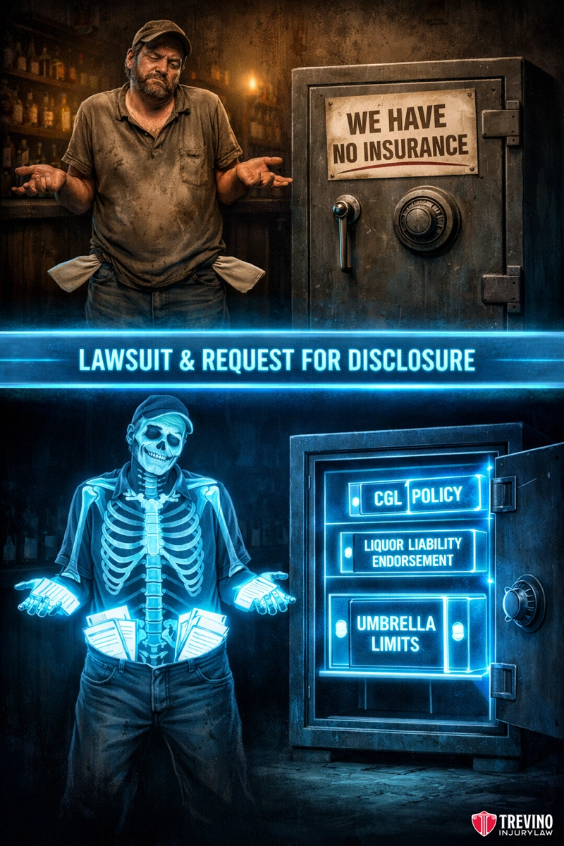 How Do We Confirm if a San Antonio Bar Has Insurance Coverage? A man shrugs in front of a safe labeled "WE HAVE NO INSURANCE." Below, a glowing skeleton shrugs in front of an open safe showing "CGL Policy," "Liquor Liability Endorsement," and "Umbrella Limits." Text: "Lawsuit & Request for Disclosure.