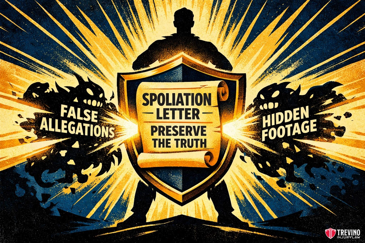 How Do We Disprove Allegations That You Caused the Fall. A bold silhouette stands behind a shield with a scroll reading "Spoliation Letter: Preserve the Truth." Black beasts labeled "False Allegations" and "Hidden Footage" snarl from each side, rays of golden light radiate behind, symbolizing protection and justice.