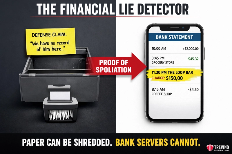How Do We Obtain Credit Card Receipts Without the Bars Cooperation. A graphic compares a shredded paper in a drawer labeled “DEFENSE CLAIM: ‘We have no record of him here’” to a smartphone showing a highlighted $150 bar charge on a bank statement. Text reads: “Paper can be shredded. Bank servers cannot.”.