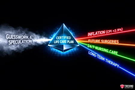 How Do You Calculate Future Medical Expenses for Severe Injuries. A glowing blue pyramid labeled “Certified Life Care Plan” directs colored beams—red for inflation, orange for future surgeries, green for 24/7 nursing care, and blue for long-term therapy—replacing a cloud of “guesswork & speculation” on a black background.