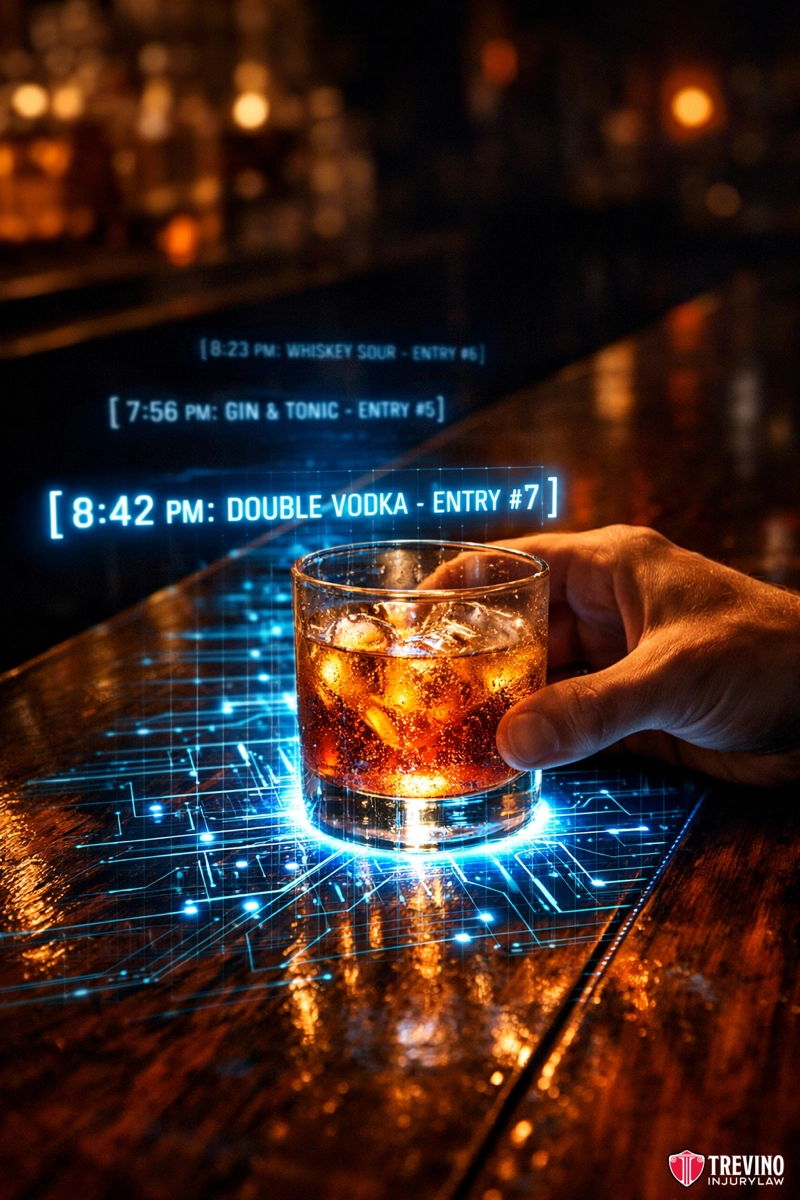 How Does POS Data Prove a Driver Was Overserved. A hand holds a glass of iced whiskey on a glowing, futuristic bar top. Holographic blue text displays times and drink entries, with "8:42 PM: DOUBLE VODKA - ENTRY #7" highlighted. The setting is dimly lit with blurred background lights.