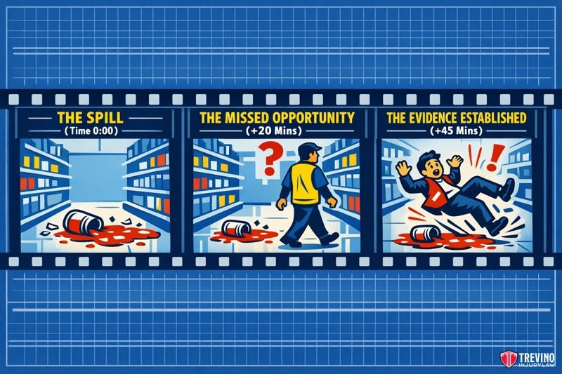 How Does Security Footage Establish a Constructive Notice Timeline? A comic strip shows: 1) A red liquid spilled in a grocery aisle. 2) A person walks by, ignoring the spill. 3) Another person slips on the spill, falling backward. The panels are labeled: "The Spill," "The Missed Opportunity," and "The Evidence Established.