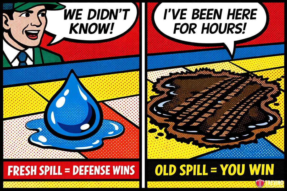 How Does This Evidence Prove Constructive Knowledge? Comic-style split image: left side shows a shocked man and a shiny drop of water labeled "FRESH SPILL = DEFENSE WINS." Right side shows a brown, dried spill with shoe prints and the text "OLD SPILL = YOU WIN" above it.