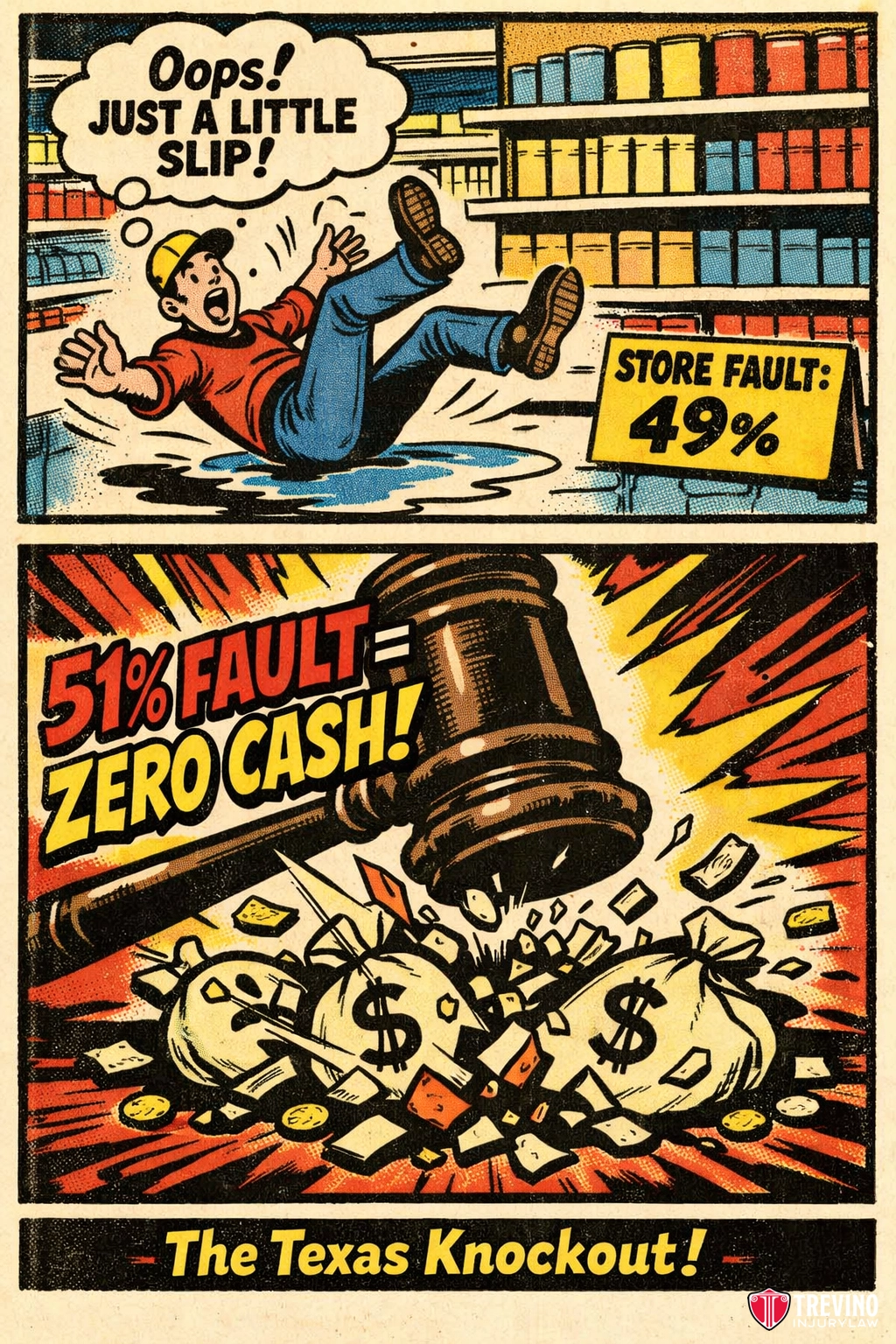 How Does the 51 Bar Rule Affect Your Slip and Fall Claim. A comic-style image: Top, a man slips on a store floor as a sign says “Store Fault: 49%.” Bottom, a gavel smashes stacks of cash with text reading “51% Fault = Zero Cash!” and “The Texas Knockout!” in bold yellow letters.