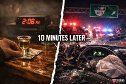 How Does the Temporal Proximity of Service Prove Who is Liable. A split image: Left side shows a hand holding a shot glass by a clock reading 2:08 AM; right side shows a car crash scene with police lights, shattered glass, and a clock reading 2:18 AM. Text in the center reads, "10 MINUTES LATER.