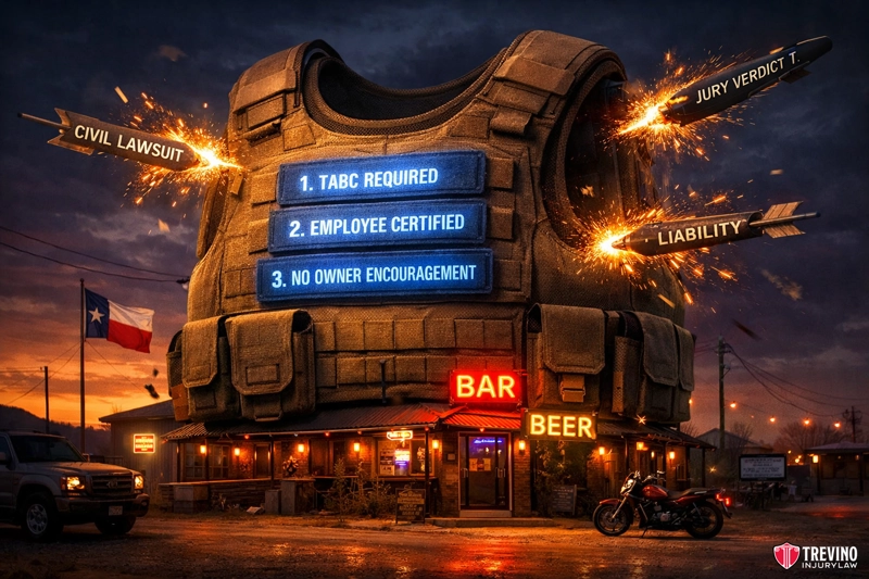 How Does the Texas Safe Harbor Defense Work for Establishments? A bar with a giant bulletproof vest on its roof is shown at dusk. Bullets labeled “Jury Verdict 1,” “Civil Lawsuit,” and “Liability” strike the vest, which displays: “1. TABC Required, 2. Employee Certified, 3. No Owner Encouragement.” A Texas flag and motorcycles are visible outside.