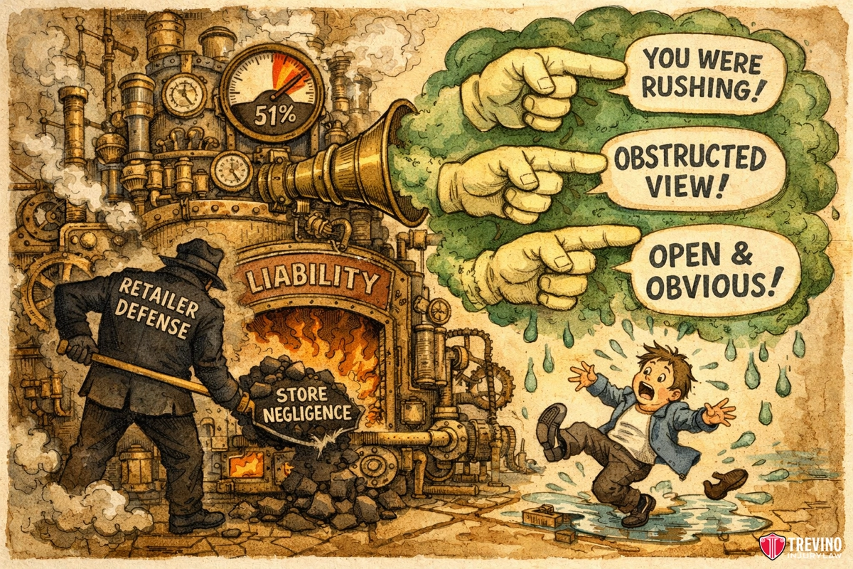 How-Is-Compensation-Calculated-When-You-Are-Partly-at-Fault. A man slips on water on a store floor, looking alarmed. A furnace labeled “Liability” burns “Store Negligence” as a firefighter labeled “Retailer Defense” tries to douse it, while hands point at the man with speech bubbles: “You were rushing!”, “Obstructed view!”, and “Open & obvious!”.