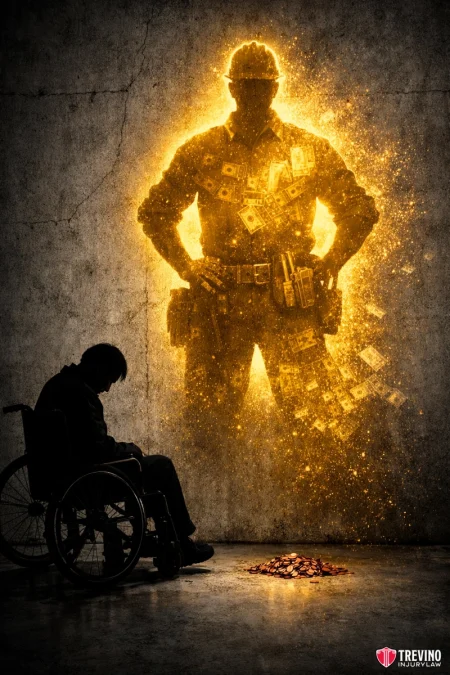 How Is Lost Earning Capacity Determined After a Disabling Crash. A man in a wheelchair sits in shadow before a wall. Projected above him is a glowing silhouette of a construction worker made of golden money and tools. Coins are scattered on the floor, and the Trevino Injury Law logo appears in the bottom right corner.
