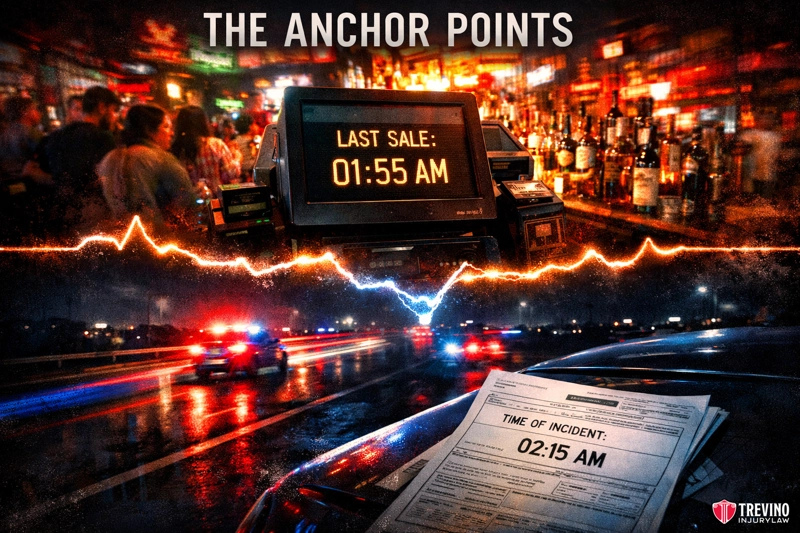How Is the Last Drink Time Proven in Court. A split image: Top half shows a busy bar with a register displaying "LAST SALE: 01:55 AM." Bottom half shows police cars with flashing lights and a police report on a car hood, stating "TIME OF INCIDENT: 02:15 AM." Text reads "THE ANCHOR POINTS.