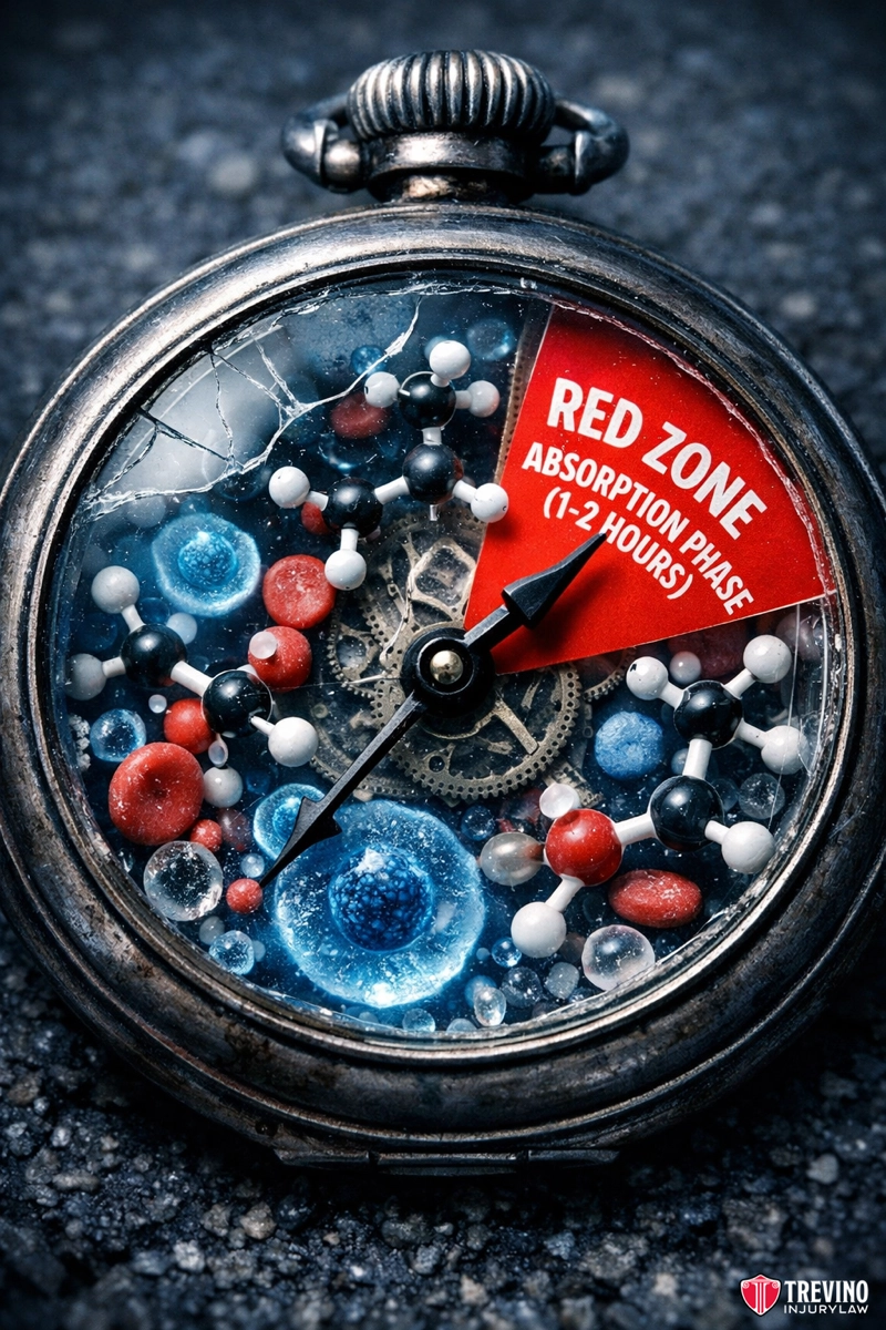 How-Long-After-the-Last-Drink-Is-Proximate-Cause-Shown. A vintage pocket watch lies on a dark, textured surface. Inside the glass cover, instead of a regular face, there are colorful molecular models in blue, black, red, and white. A red label reads: "RED ZONE ABSORPTION PHASE (1-2 HOURS).