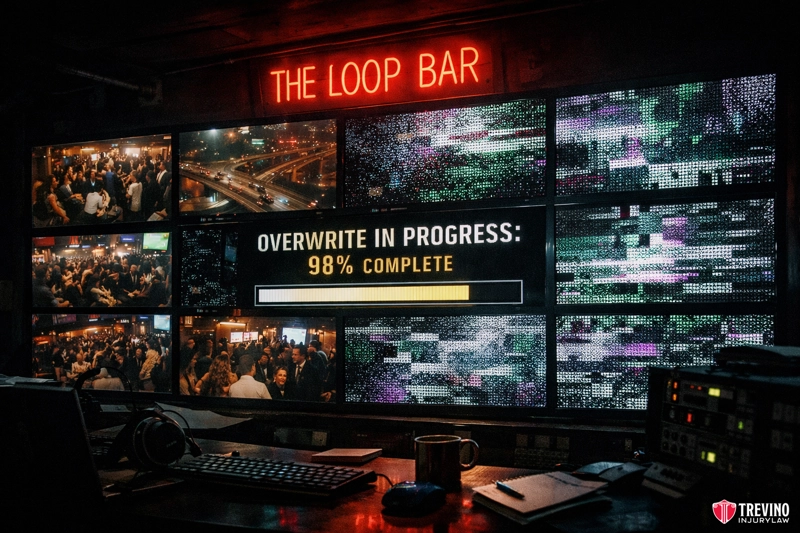 How Long Do San Antonio Bars Keep Surveillance Video Evidence. A dimly lit control room features multiple screens showing static, crowds, and highways. The largest screen reads "OVERWRITE IN PROGRESS: 98% COMPLETE." A neon sign above says "THE LOOP BAR." Audio equipment and cables are visible in the foreground.