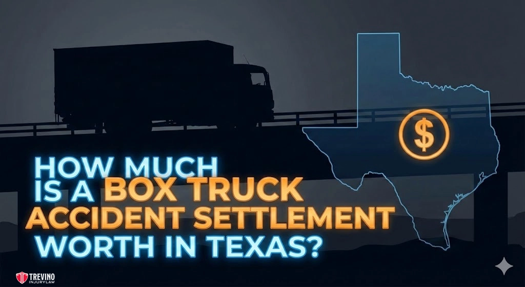 How-Much-is-a-box-truck-accident-settlement-worth-in-texas. A silhouette of a box truck drives on a bridge at sunset. On the right, a Texas state outline contains a dollar sign. Bold text reads: "How much is a box truck accident settlement worth in Texas?" Trevino Injury Law logo is in the corner.