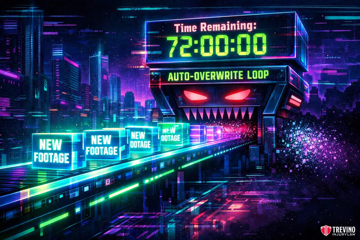 How Soon Must Surveillance Footage Be Requested to Prevent Deletion? A neon, futuristic machine with a menacing face displays "Time Remaining: 72:00:00" and "AUTO-OVERWRITE LOOP." Glowing boxes labeled "NEW FOOTAGE" move on a conveyor belt toward the mouth, signifying data being erased. The scene is vibrant and digital.