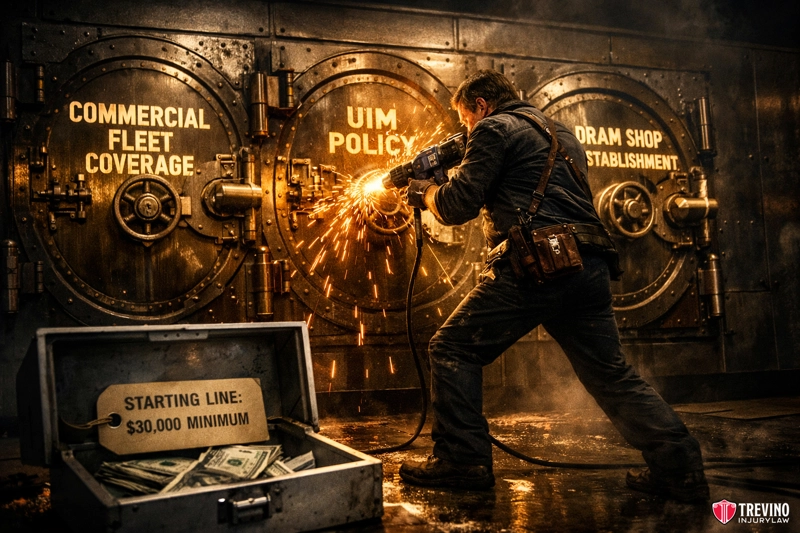 How We Maximize Your Pain and Suffering Recovery Beyond Policy Limits. A man uses a power tool to cut into a large vault labeled "UIM Policy," flanked by vaults labeled "Commercial Fleet Coverage" and "Dram Shop Establishment." An open case filled with cash sits in front, showing a tag: "Starting line: $30,000 minimum.