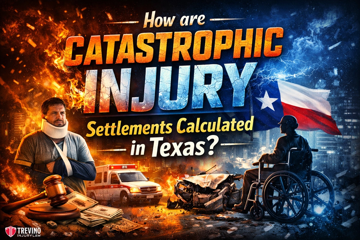 How-are-catastrophics-injuries-settlement-calculated-in-texas- A dramatic graphic asks, "How are catastrophic injury settlements calculated in Texas?" with fiery, smoky effects. A man in a neck brace, a gavel, ambulance, crashed car, and a person in a wheelchair face a large Texas flag. The Trevino Law Firm logo is in the corner.