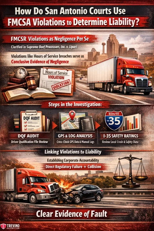 How-do-courts-use-FMCSA. Infographic with trucks, courthouses, and highways explains how San Antonio courts use FMCSA violations for liability. Includes steps like evidence gathering, rating reviews, and links violations to liability, with bold text and red accents throughout.