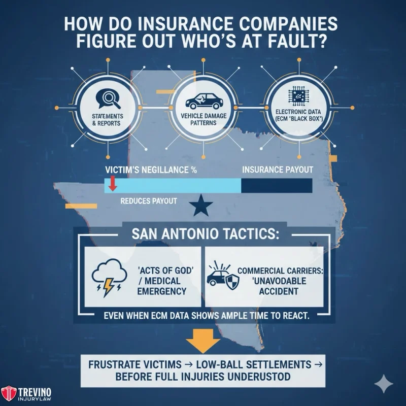 How-do-insurance-companies-figure-out-whos-at-fault. Infographic titled “How Do Insurance Companies Figure Out Who’s At Fault?” with icons for reports, damage patterns, and electronic data. Shows a bar comparing victim's negligence vs. insurance payout and lists San Antonio tactics such as 'Acts of God' and low-ball settlements.