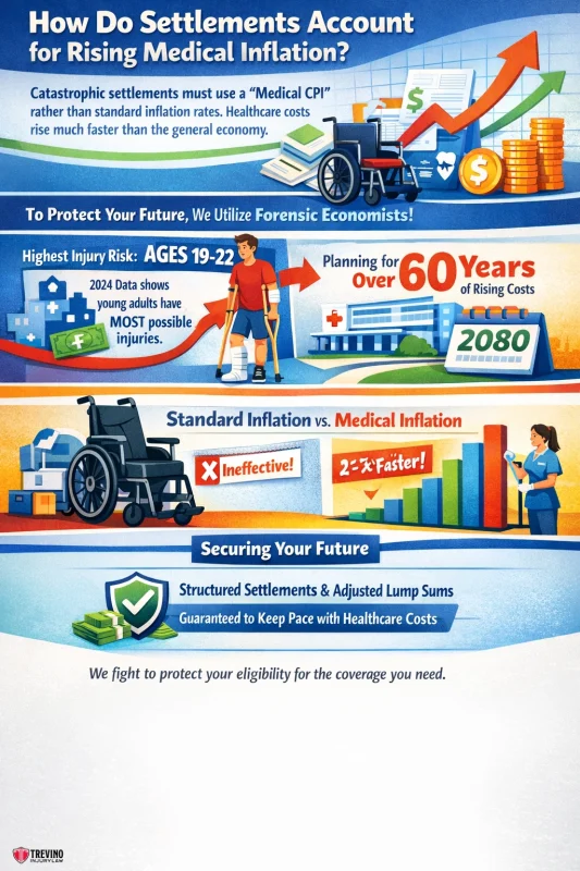 How-do-settlements-account-for-rising-medical-inflation. An infographic titled u0022How Do Settlements Account for Rising Medical Inflation?u0022 highlights the rising cost of healthcare, using charts, icons, and illustrations of medical equipment, coins, and people. It explains the use of forensic economists to protect future eligibility.