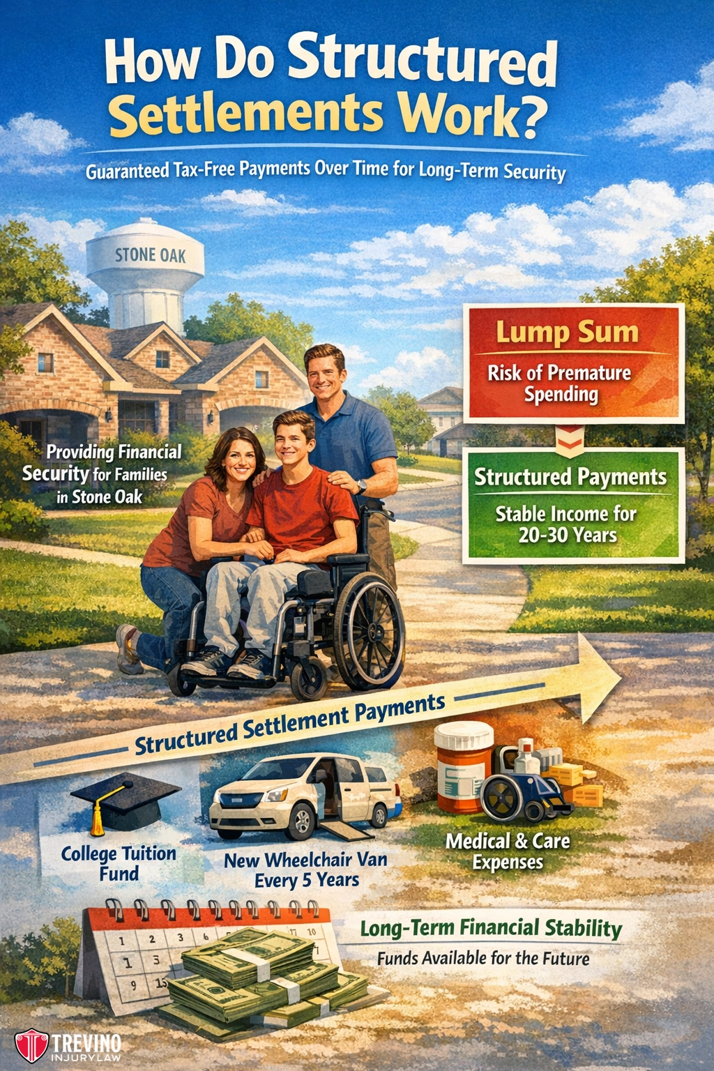 How-do-structured-settlements-work - Illustration showing a smiling family with a man in a wheelchair in front of a house. Arrows depict structured settlement payments used for college tuition, a wheelchair van, and medical expenses, leading to long-term financial stability and steady income.
