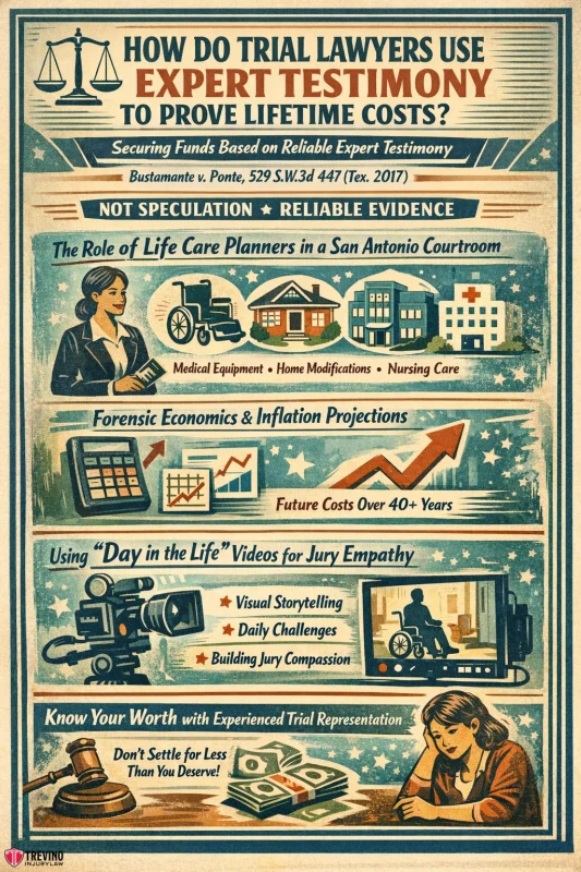 How-do-trial-lawyers-use-expert-testimony-to-prove-lifetime-costs.Retro-style infographic with bold text and vintage illustrations explains how trial lawyers use expert testimony to prove lifetime costs, featuring judges, charts, medical equipment, home modifications, video testimonies, and courtroom scenes in hues of blue, tan, and orange.