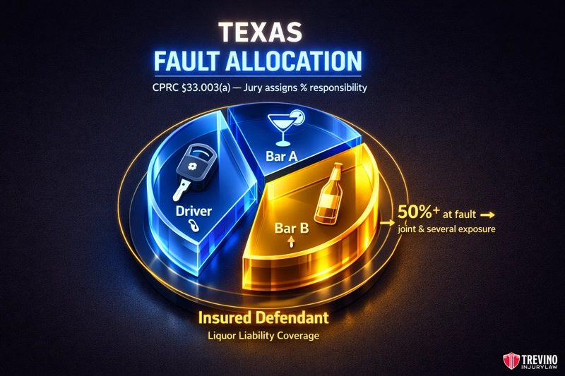How does Texas law allocate fault among multiple bars? Infographic titled "Texas Fault Allocation" shows a pie chart with three sections: "Driver," "Bar A," and highlighted "Bar B." Bar B has 50%+ at fault. Below, it notes "Insured Defendant" with liquor liability coverage. Logo: Trevino Injury Law.