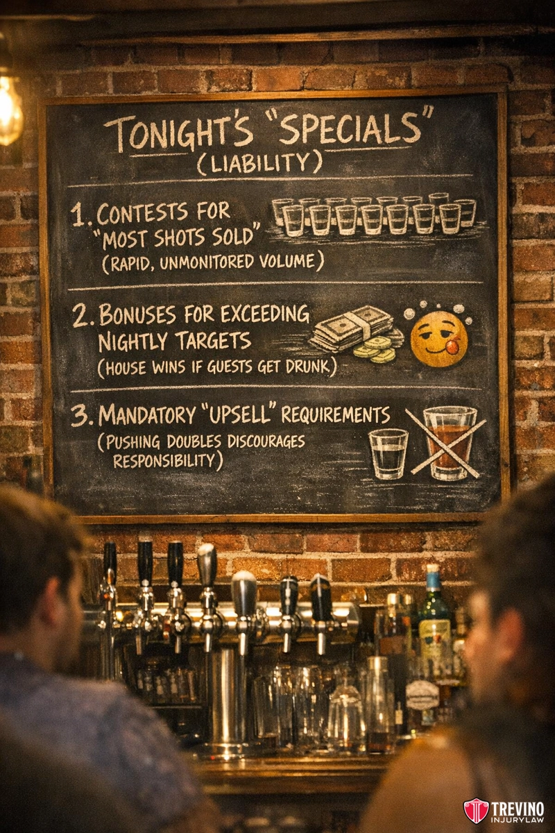 How does a bars bonus structure create liability? A chalkboard menu in a bar lists sarcastic “specials” related to over-serving alcohol, with illustrations of shot glasses, cash, and a drunken emoji. Beer taps are visible below, and people are seated at the bar. The wall is made of brick.