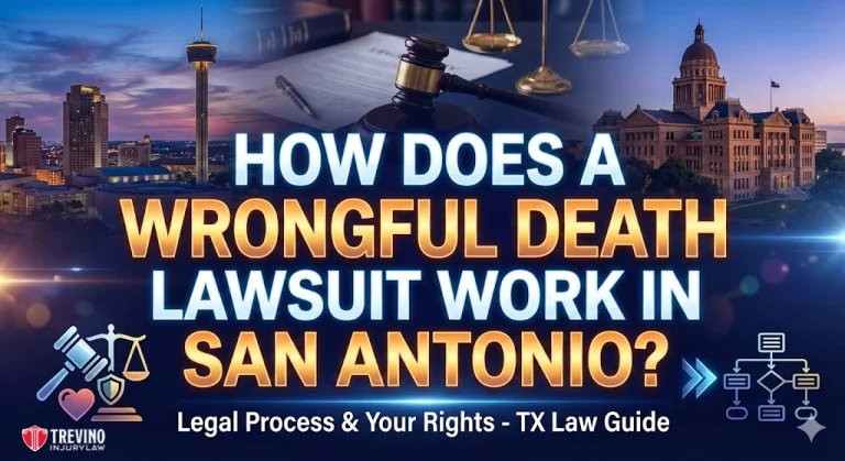How-does-a-wronfgul-death-lawsuit-work. A graphic with text reads: “How does a wrongful death lawsuit work in San Antonio? Legal process & your rights – TX law guide.” Background images include a gavel, justice scales, law books, and the Texas State Capitol building. Legal icons appear at the bottom.