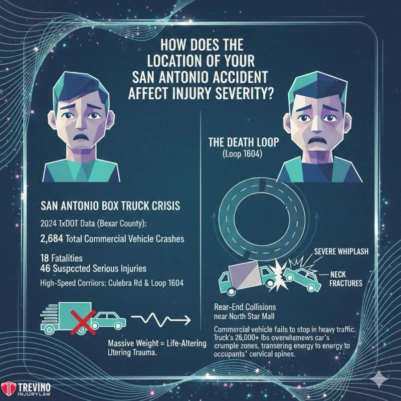 How-does-the-location-of-your-san-antonio-accident-affect-injury-severity. Infographic showing two worried people, accident icons, and text about San Antonio truck accidents: 2,684 crashes, 18 fatalities, 46 severe injuries, and the dangerous Loop 1604. Highlights risks of rear-end collisions, neck fractures, and severe whiplash.