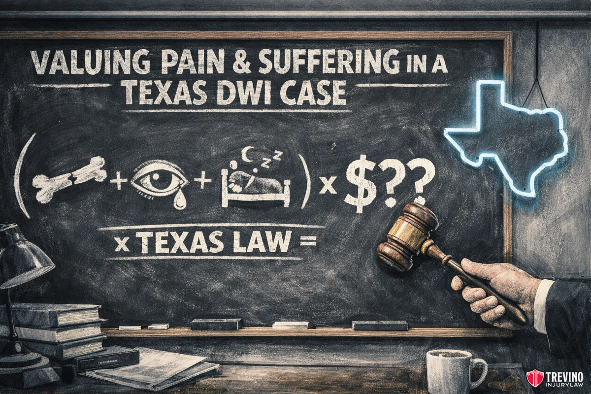 How is Pain and Suffering Valued in a Texas DWI Case. A chalkboard shows “Valuing Pain & Suffering in a Texas DWI Case” with a formula using drawings: a broken bone, an eye, a person in bed, and question marks, with Texas state outline in neon and a hand holding a gavel. Trevino Injury Law logo is in the corner.
