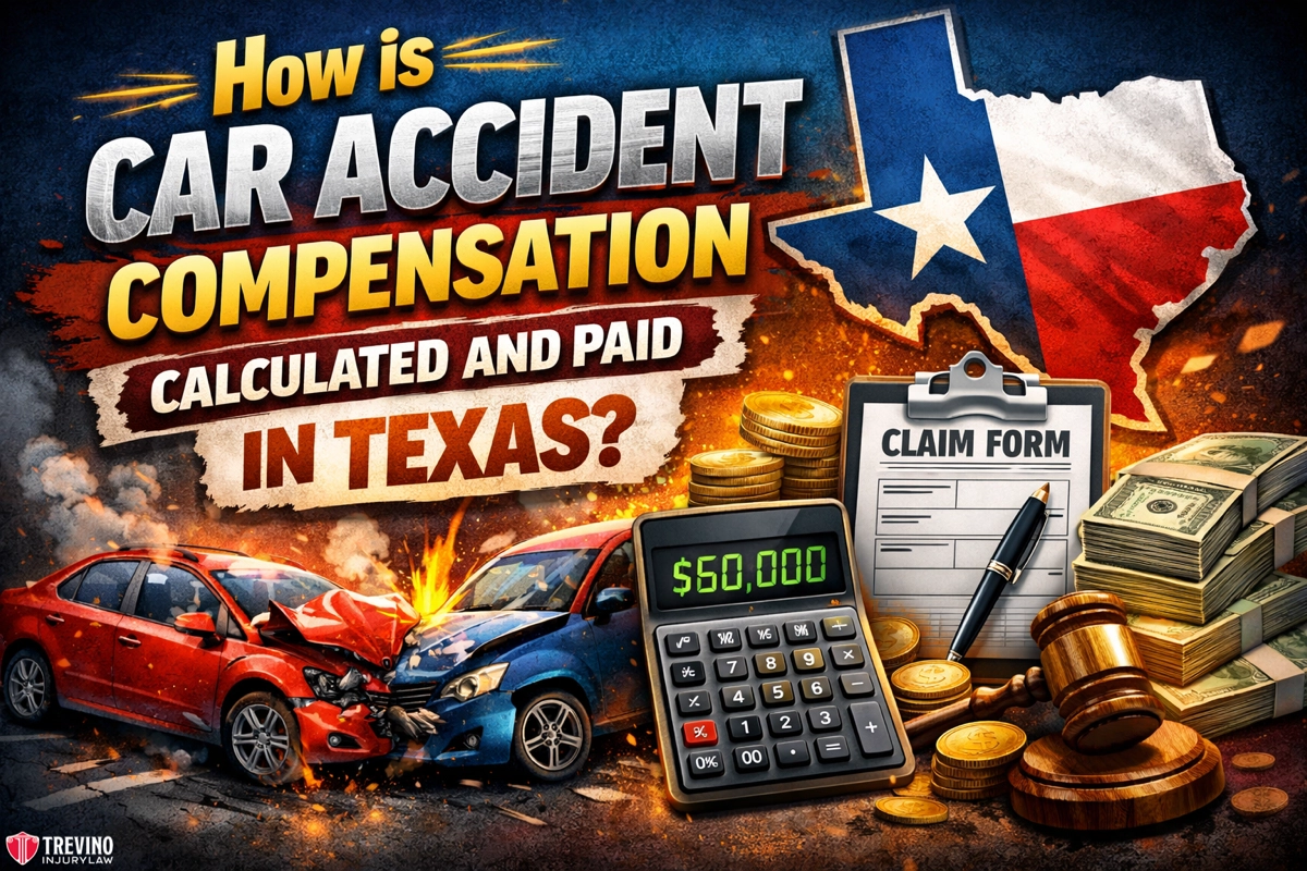 A graphic shows two crashed cars, a large Texas flag, stacks of cash, a calculator displaying $60,000, coins, and a claim form. Bold text reads: “How is car accident compensation calculated and paid in Texas?”.