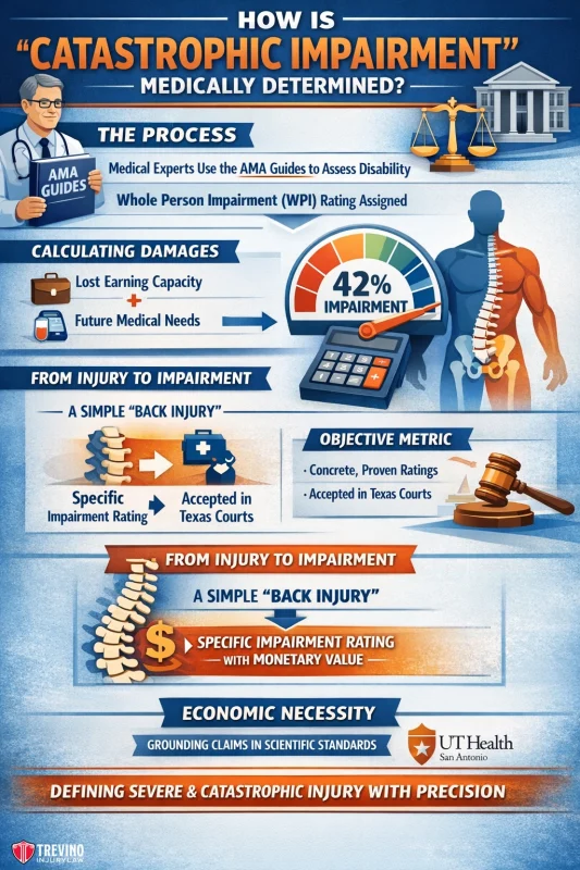 How-is-catastrophic-impairment-medically-determined. Infographic titled “How is ‘Catastrophic Impairment’ Medically Determined?” shows a process: medical experts use AMA Guides and WPI ratings, calculate damages (lost earnings, medical needs), and assess injury with objective metrics. Includes icons and legal imagery.