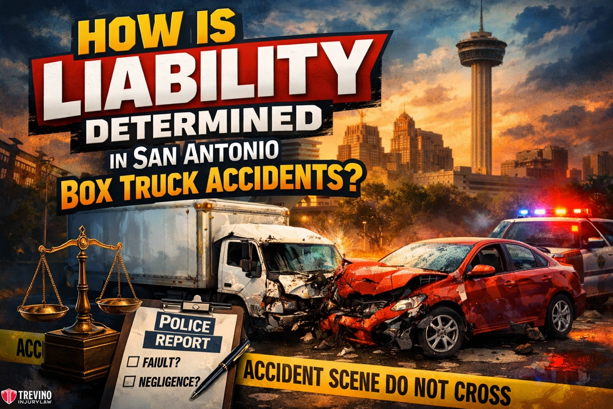 A white box truck and red car collide on a city street near downtown San Antonio; police and emergency lights flash. Yellow “Accident Scene Do Not Cross” tape and a broken scale of justice are in front. Bold text reads: “How is liability determined in San Antonio box truck accidents?”.