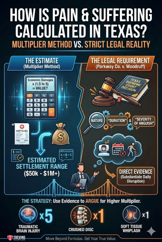 How-is-pain-and-suffering-calculated-in-texas. Infographic explaining how pain & suffering is calculated in Texas: shows "Multiplier Method" (base damages × 1.5–5) vs. "Legal Requirement" (Nature, Duration, Severity). Includes icons: brain injury, crushed disc, whiplash, and court elements. Estimated range: $50k–$1M+.