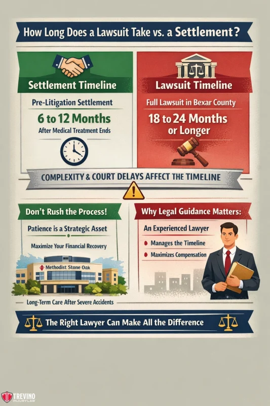 How-long-does-a-lawsuit-take-vs-settlement. Infographic compares lawsuit and settlement timelines. Settlements take 6-12 months; lawsuits 18-24+ months. Includes icons, courthouse, scales, gavel, and points on legal guidance and patience affecting recovery and maximizing compensation.