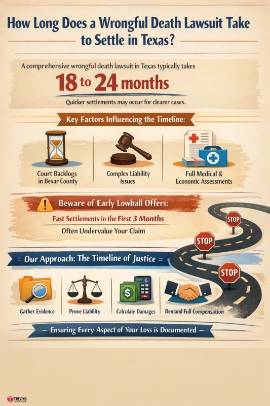 How-long-does-a-wrongful-death-lawsuit-take. Infographic titled “How Long Does a Wrongful Death Lawsuit Take to Settle in Texas?” explains lawsuits take 18-24 months, details factors like court backlogs, liability issues, medical assessments, warns about quick early settlements, and illustrates steps in the process.