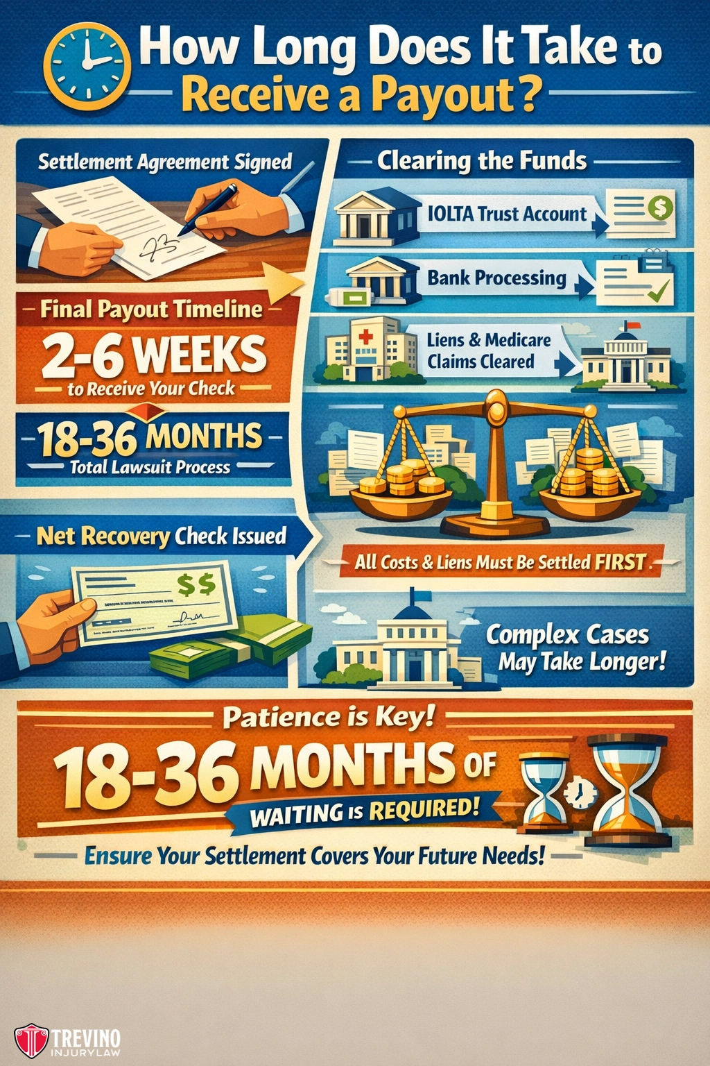 How-long-does-it-take-to-receive-a-payout. Infographic titled “How Long Does It Take to Receive a Payout?” detailing settlement steps with icons: agreement signed, funds clearing, lien/claim settlements, payment timeline of 2–6 weeks after case closes, but lawsuits can take 18–36 months; emphasizes patience.