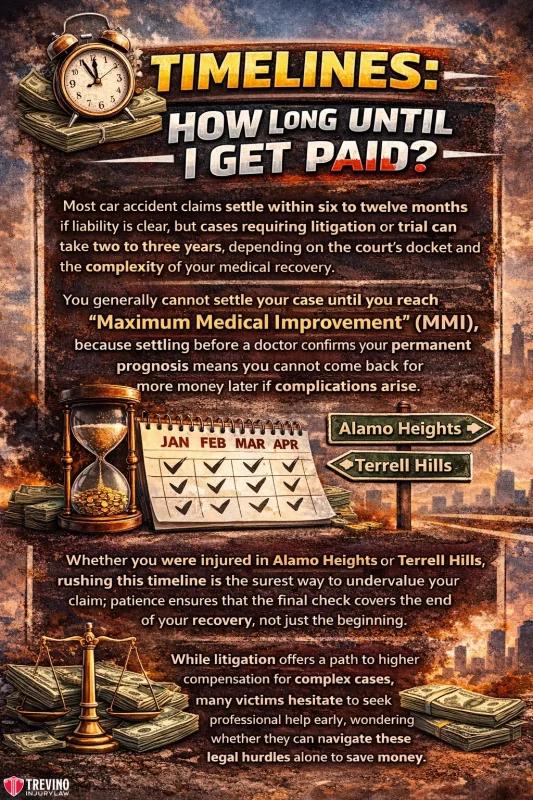 How-long-until-i-get-paid. Infographic titled “Timelines: How Long Until I Get Paid?” explains that most car accident claims settle within 6-12 months but can take longer with litigation. An hourglass, calendar, and legal icons illustrate delays related to medical recovery and legal complexity.