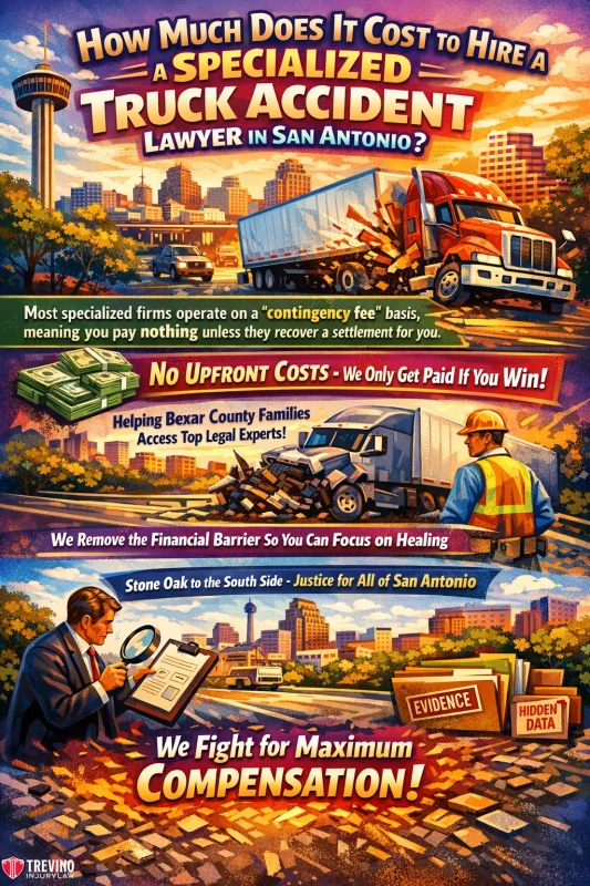 How-much-does-it-cost-hire-a-turck-accident-lawyer. Colorful illustrated poster with bold text, a truck accident scene, and downtown San Antonio featuring the Tower of the Americas. Images show a lawyer speaking, happy clients, and legal evidence, promoting no upfront lawyer fees and maximum compensation.
