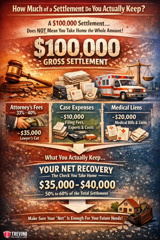 How-much-of-a-settlement-do-you-actually-keep. An infographic explains how a $100,000 legal settlement is reduced by lawyer fees, case expenses, and medical liens, leaving $35,000–$40,000 net recovery. Visuals include a gavel, money, ambulance, legal documents, and medical bills, with bold text details and law firm branding.